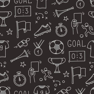 Futbol karalaması kusursuz desen. Futbol golü, ödül kupası, ıslık el çizimi çizim taslak tarzı ekipman ikonu. Vektör illüstrasyonu