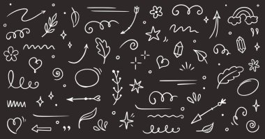 Çizim ögesi satırı karatahtaya ayarlandı. Soyut doğa unsuru dekorasyon grafik simgesi seti. Fırça için çizim el çizimi ögesi, soyut dekorasyon tasarımı. Vektör illüstrasyonu