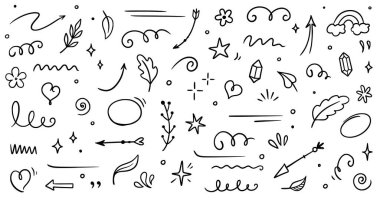 Çizim ögesi çizimi ayarlandı. Soyut doğa unsuru dekorasyon grafik simgesi seti. Fırça için çizim el çizimi ögesi, soyut dekorasyon tasarımı. Vektör illüstrasyonu