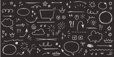 Çizim altı çizili, vurgu yapılmış, ok şekli karatahta arka planında ayarlanmış. El çizimi fırça darbesi, vurgulama, konuşma balonu, altı çizili, parıltı elementi. Vektör illüstrasyonu