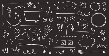 Çizim altı çizili, vurgu yapılmış, ok şekli karatahta arka planında ayarlanmış. El çizimi fırça darbesi, vurgulama, konuşma balonu, altı çizili, parıltı elementi. Vektör illüstrasyonu