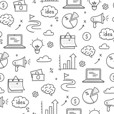 İş fikri kusursuz şablon geçmişi çizer. İş başarısı, yaratıcı fikir konsepti karalama çizimi. Ampul, megafon, takvim elementi ile çizilmiş taslak şekli. Vektör illüstrasyonu