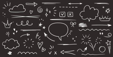 Çizim altı çizili, vurgu yapılmış, ok şekli karatahta arka planında ayarlanmış. El çizimi fırça darbesi, vurgulama, konuşma balonu, altı çizili, parıltı elementi. Vektör illüstrasyonu