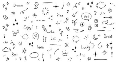 Doodle cute glitter pen line elements. Doodle heart, arrow, star, sparkle decoration symbol set icon. Simple sketch line style emphasis, attention, pattern elements. Vector illustration. clipart