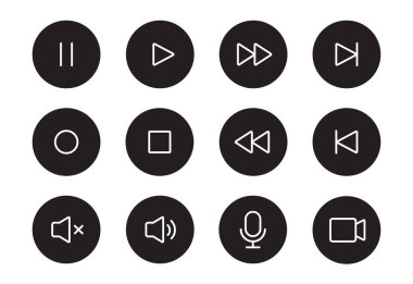 Ses sesi, video oynatıcı düğmesi simgesi. Müzik çalma, sessiz ses, duraklat düğmesi ince düzenlenebilir satır simgesi seti. Mikrofon, kamera, ses grafiği. Vektör illüstrasyonu.