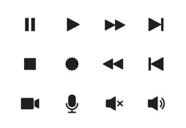 Ses, video, müzik çalar düğmesi simgesi. Ses kontrolü, oynat, durdur düğmesi katı simge seti. Kamera, medya kontrolü, mikrofon arayüzü piktogramı. Vektör illüstrasyonu.