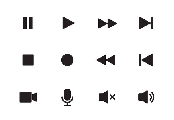 Audio, video, music player button icon. Sound control, play, pause button solid icon set. Camera, media control, microphone interface pictogram. Vector illustration.