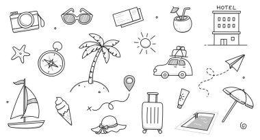 Yaz tatili seti. El çizimi karalama tarzı yaz gezisi, tatil geçmişi. Güneş, seyahat çantası, sahil çadırı karalama elementi. Komik turizm vektör illüstrasyonu.