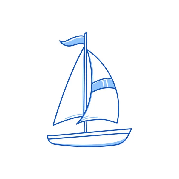 帆ボート ヨット船のドア 手描きスケッチ落書きスタイルの帆ボート 青いペンラインストローク分離要素 旅行のコンセプト ベクターイラスト — ストックベクタ