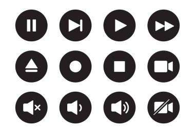 Ses, video, müzik çalar çember düğmesi simgesi. Ses kontrolü, oynat, durdur düğmesi katı simge seti. Kamera, medya kontrolü, mikrofon arayüzü piktogramı. Vektör illüstrasyonu.