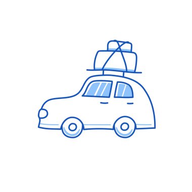 Yolculuk arabası karalaması. El çizimi, çizim tarzı, bagajlı bir gezi arabası. Mavi kalem darbesi izole bir element. Seyahat, gezi konsepti. Vektör illüstrasyonu.