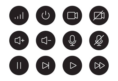 Audio sound, video player button line icon. Music play, sound mute, pause button thin editable line icon set. Microphone, camera, audio pictogram. Vector illustration. clipart