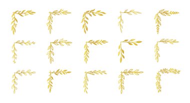 Altın köşeli çiçekli, çiçek çerçeveli. El çizimi rustik eskiz. Çiçekli çerçeve tasarımı için altın köşeli pansiyoner. Şatafatlı bir şablon. Vektör illüstrasyonu