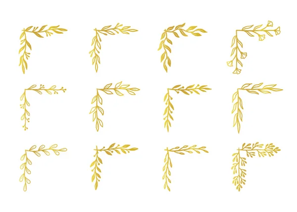 Arany Sarok Szegély Virágos Virágkeret Készlet Kézzel Rajzolt Rusztikus Vázlat — Stock Vector