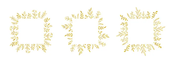 金の花の正方形の境界線セット ベクトル黄金の花の葉の花輪の境界線 結婚式の正方形のフレームデザイン 手描き素朴な繁栄エレガントな長方形のフレーム ベクターイラスト — ストックベクタ