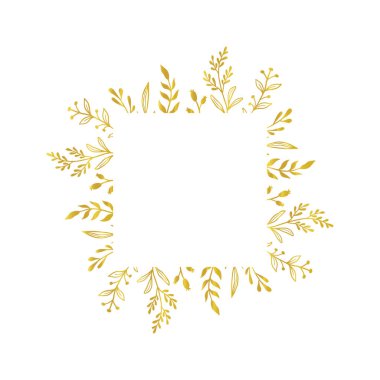 Altın çiçekli kare sınırı. Vektör altın çiçekli yaprak çelenk sınırı. Düğün kare çerçeve tasarımı. Elle çizilmiş kırsal alan zarif dikdörtgen bir çerçeve oluşturuyor. Vektör illüstrasyonu