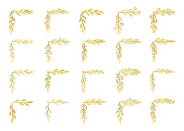 Altın köşeli çiçekli, çiçek çerçeveli. El çizimi rustik eskiz. Çiçekli çerçeve tasarımı için altın köşeli pansiyoner. Şatafatlı bir şablon. Vektör illüstrasyonu
