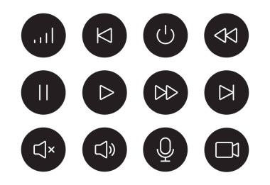Ses sesi, video oynatıcı düğmesi simgesi. Müzik çalma, sessiz ses, duraklat düğmesi ince düzenlenebilir satır simgesi seti. Mikrofon, kamera, ses grafiği. Vektör illüstrasyonu.