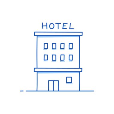 Otel binası karalaması. El çizimi, karalama tarzı otel binası. Mavi kalem darbesi izole bir element. Yaz seyahati, su konsepti. Vektör illüstrasyonu.
