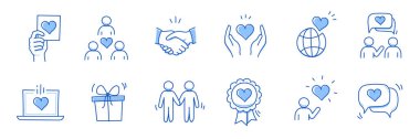 Sadaka eli, güven toplumsal karalama çizgisi ikonu. Hayır cemiyeti, ortaklık, halk dayanışma konsepti ikonu seti. El çizimi çizimi çizim tarzı. Vektör illüstrasyonu