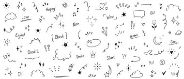 Doodle cute heart, glitter pen line elements. Doodle heart, arrow, star, sparkle decoration symbol set icon. Simple sketch line style emphasis, glitter star, pattern elements. Vector illustration. clipart