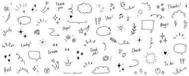 Tatlı yıldız, parlak kalem hattı elementleri. Karamsar kalp, vurgu, yıldız, ışıltılı dekorasyon sembolü simgesi. Basit taslak çizim tarzı vurgu, simler, desen elementleri. Vektör illüstrasyonu.