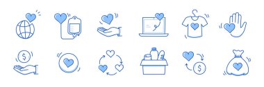 Yardım eli, para, kalp karalama çizgisi ikonu. Bağış, destek, kan bağışı ikonu seti. Gönüllü kalp, bağış yemek eli çizim çizimi çizim tarzı çizgi. Vektör illüstrasyonu