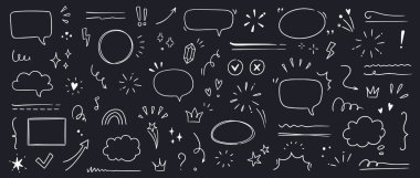 Çizgi vurgulama fırçası, metin vurgusu, tahtada altı çizili fırça. El çizimi karalamalar röfle, ok, yıldız parıltısı. Metin altı çizili, bulut konuşma balonu. Vektör illüstrasyonu.