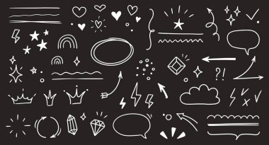 Sketch line arrow element, star, heart shape on chalkboard background. Hand drawn doodle sketch style circle, cloud speech bubble grunge element. Arrow, star, heart decoration. Vector illustration clipart