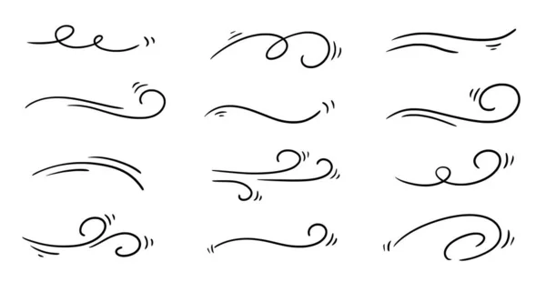 stock vector Doodle wind line sketch set. Hand drawn doodle wind motion, air blow, swirl elements. Sketch drawn air blow motion, smoke flow art, abstract line. Isolated vector illustration.