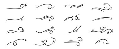 Doodle rüzgar çizgisi çizimi hazır. El çizimi rüzgar hareketi, hava esintisi, girdap elementleri. Çizim hava üfleme hareketi, duman akışı sanatı, soyut çizgi. İzole vektör illüstrasyonu.