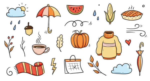 秋のドアベクトルセット 手描きのドアスケッチスタイル自然の秋の季節 秋のアイコンの背景 秋の紅葉 風の季節 傘のスケッチ要素 ベクターイラスト — ストックベクタ