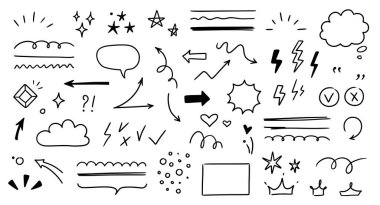 Çizim çizgisi ok elementi, yıldız, kalp şekli. El çizimi çizimi çizim tarzı daire, bulutlu konuşma balonu grunge elemanı seti. Ok, yıldız, kalp fırçası süslemesi. Vektör illüstrasyonu