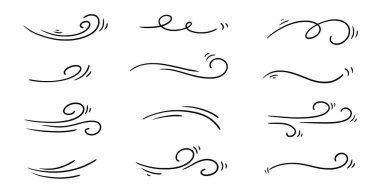 Doodle rüzgar çizgisi çizimi hazır. El çizimi rüzgar hareketi, hava esintisi, girdap elementleri. Çizim hava üfleme hareketi, duman akışı sanatı, soyut çizgi. İzole vektör illüstrasyonu.