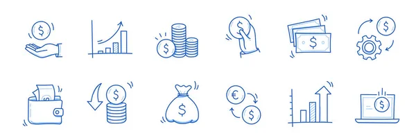 Denaro Contanti Moneta Business Doodle Icon Set Dollaro Moneta Soldi — Vettoriale Stock