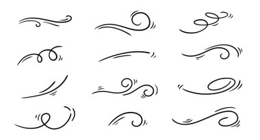 Doodle rüzgar çizgisi çizimi hazır. El çizimi rüzgar hareketi, hava esintisi, girdap elementleri. Çizim hava üfleme hareketi, duman akışı sanatı, soyut çizgi. İzole vektör illüstrasyonu.