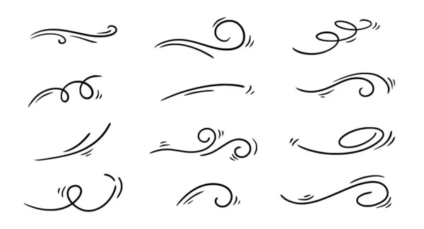 Doodle Wind Lijn Schets Set Handgetekende Doodle Wind Beweging Lucht — Stockvector