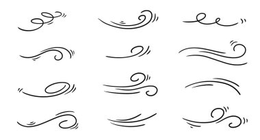 Doodle rüzgar çizgisi çizimi hazır. El çizimi rüzgar hareketi, hava esintisi, girdap elementleri. Çizim hava üfleme hareketi, duman akışı sanatı, soyut çizgi. İzole vektör illüstrasyonu.