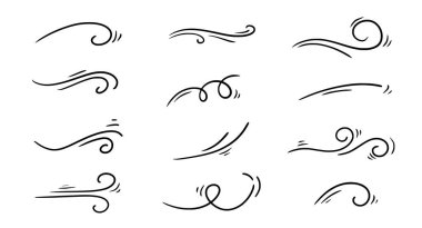 Doodle rüzgar çizgisi çizimi hazır. El çizimi rüzgar hareketi, hava esintisi, girdap elementleri. Çizim hava üfleme hareketi, duman akışı sanatı, soyut çizgi. İzole vektör illüstrasyonu.