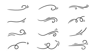 Doodle rüzgar çizgisi çizimi hazır. El çizimi rüzgar hareketi, hava esintisi, girdap elementleri. Çizim hava üfleme hareketi, duman akışı sanatı, soyut çizgi. İzole vektör illüstrasyonu.