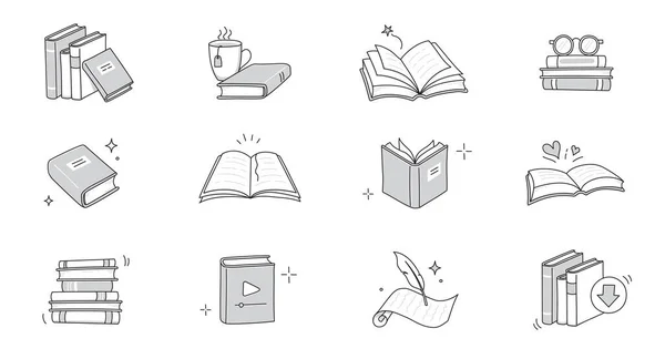 Book Line Doodle Icon Set Hand Drawn Sketch Doodle Style — Stock Vector