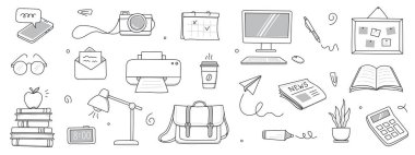Ofis işi karalama seti. Ofis bilgisayarı, çalışma masası, defter karalama ikonu. El çizimi taslak çizimi çizimi. İş, okul eğitimi, el yapımı unsurlar. Vektör illüstrasyonu.