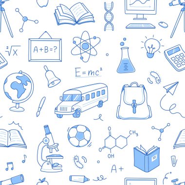 Okula kusursuz şablon karalaması ile geri dönüyorum. El çizimi çizimi eskiz stili okul arka planına geri döndü. El çizimi kitap, çanta, küresel eğitim unsurları. Vektör illüstrasyonu.