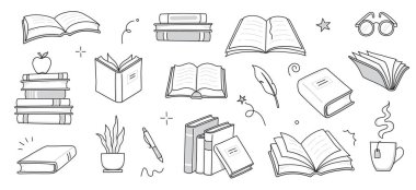 Kitap yığını eskiz seti. El çizimi karalama stili kitap yığını. Kütüphane, okuma, okul karalama konsepti ikonu geçmişi. Mavi kalem çizgisi vuruşu. Vektör illüstrasyonu