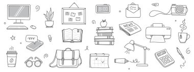 Ofis işi karalama seti. Ofis bilgisayarı, çalışma masası, defter karalama ikonu. El çizimi taslak çizimi çizimi. İş, okul eğitimi, el yapımı unsurlar. Vektör illüstrasyonu.