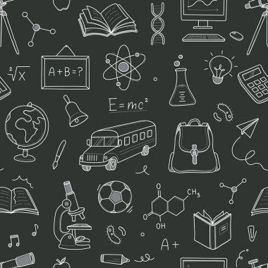 Okula kusursuz şablon karalaması ile geri dönüyorum. El çizimi çizimi eskiz stili okul arka planına geri döndü. El çizimi kitap, çanta, dünya eğitim tahtası geçmişi. Vektör illüstrasyonu.