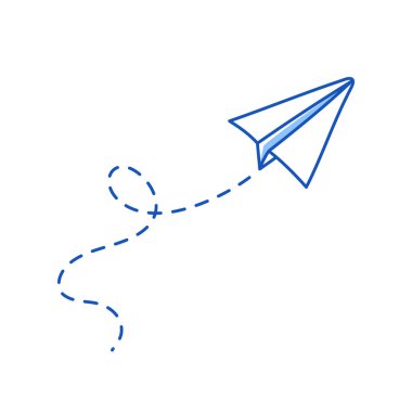 Kağıt uçak vektör simgesi. Karalama çizgisi tarzı mavi renkli kağıt uçak. Basit origami uçak elementi. Çizim karalama vektörü illüstrasyonu.