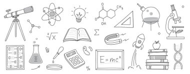Karalama bilimi, eğitim okulu ikonu. El çizimi eskiz tarzı bilim geçmişi. Okul kimyası, fizik eğitimi, biyoloji konsepti ikonu. El çizimi vektör çizimi.