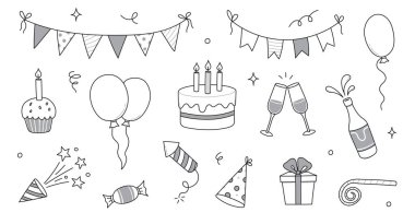 Doğum günü karalama ikonu elementi. El çizimi karalama doğum günü pastası, balon, olay dekorasyonu. Parti, karnaval kutlama konsepti. Vektör illüstrasyonu.