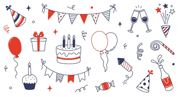Geburtstags Doodle Symbol Element Handgezeichnete Skizze Doodle Geburtstagstorte Luftballon Event — Stockvektor
